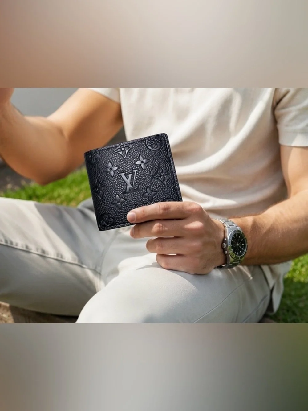 Black Embossed LV Monogram Bifold Wallet with ID Window